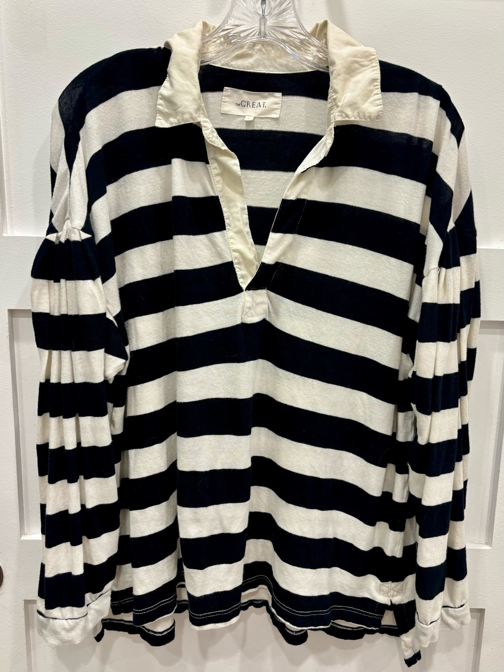 THE GREAT. Black and White Striped Long Sleeve Rugby Top